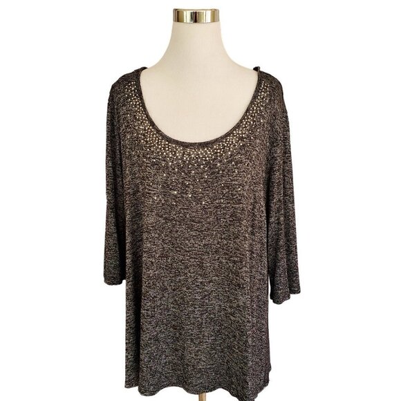 Obsession Black Sparkly Scoop Neck 3/4 Sleeve High Low Hem Blouse Plus Size 3X - Picture 2 of 6